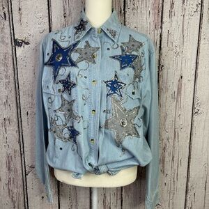Vintage 80s-90s Chic Denim Button Down Shirt‎ Puff Paint Medium Western *READ!!*